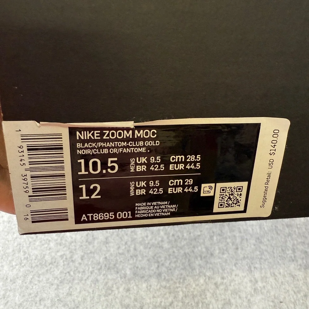 Nike Zoom Moc THE10TH AT8695-001 Black Phantom Club Gold SIZE‎ 10.5 Sneakers